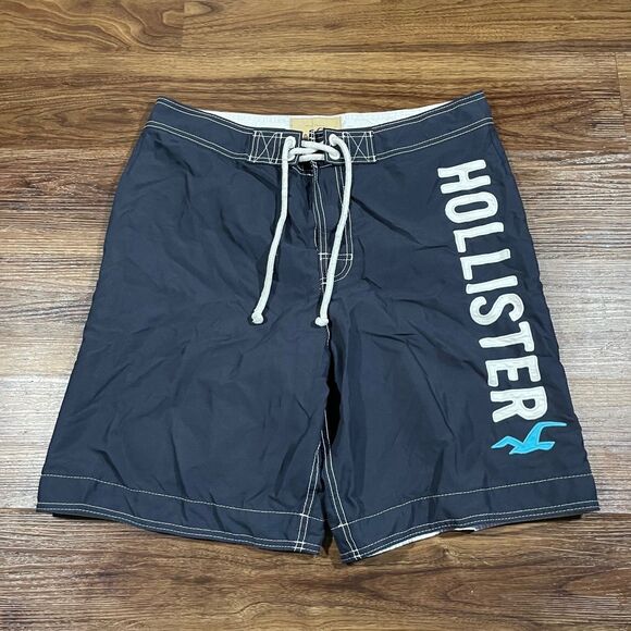 Hollister Men's L Blue Swim Trunks Bermuda Mesh Lined Drawstring Shorts Spellout - Picture 1 of 9
